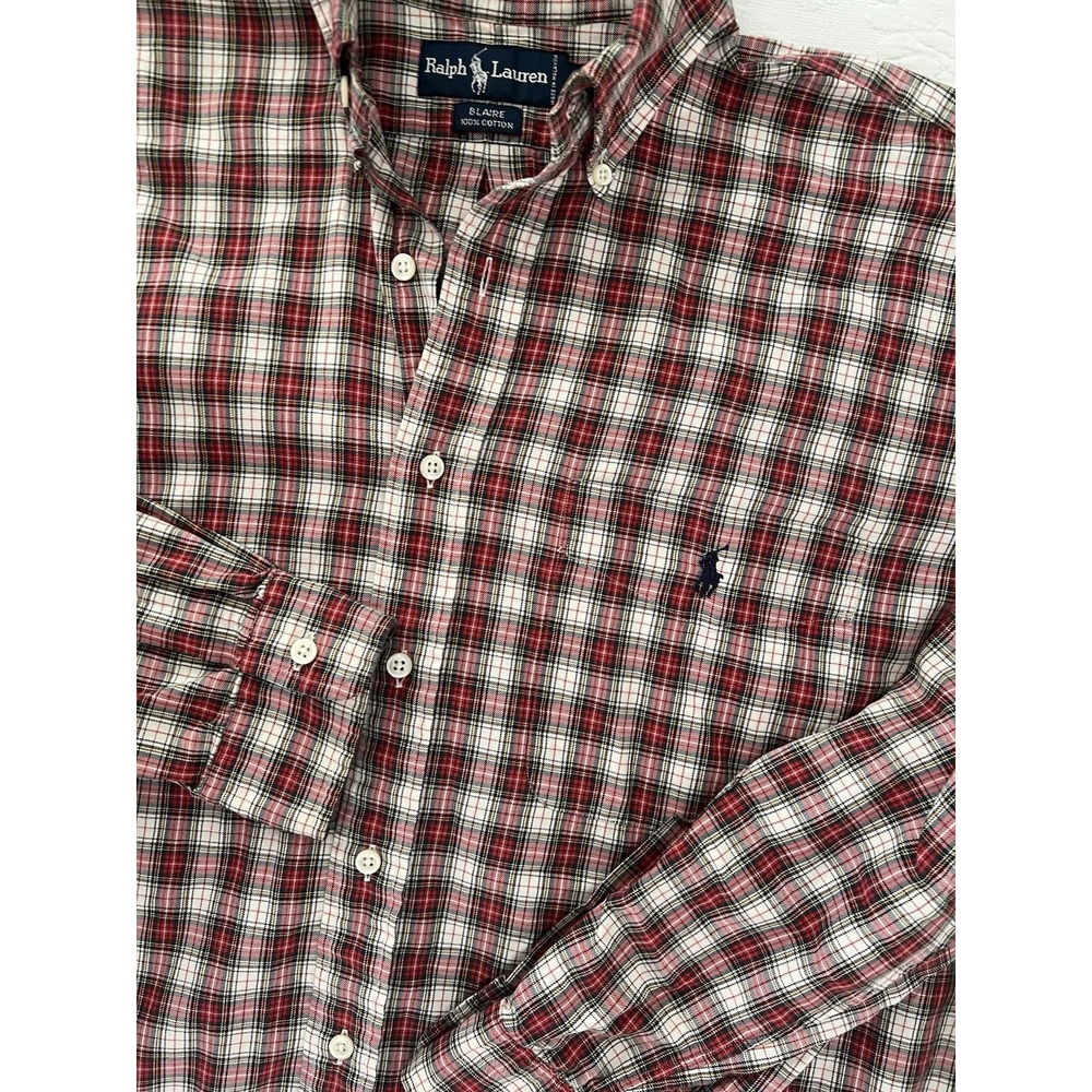 Vintage Ralph Lauren Blaire Shirt Mens L Red Plaid Cotton Button Down Pony -VTG